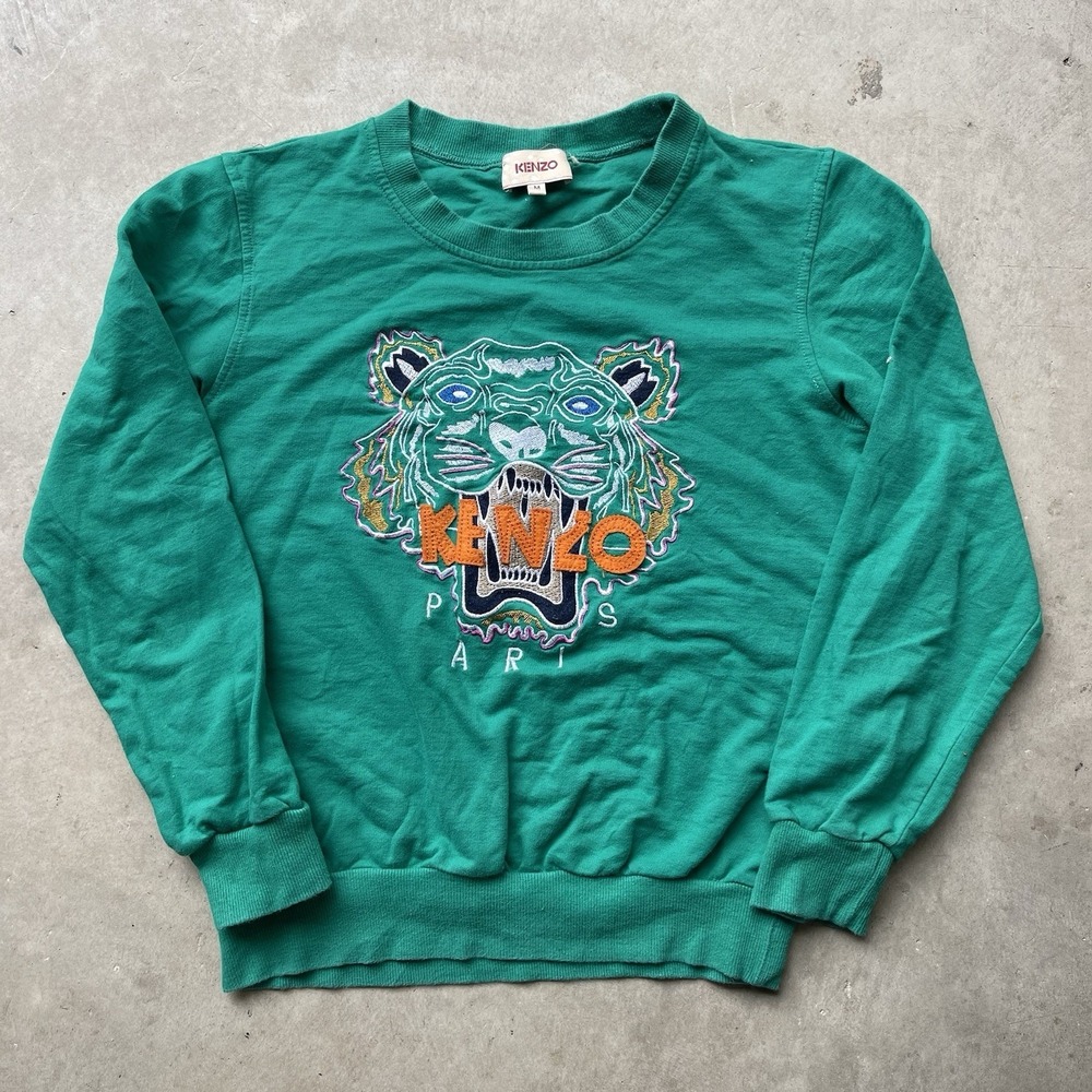Kenzo Sweatshirt Mens‎ M Green Tiger Paris Embroidered Multicolor Crewneck